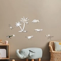 Dinosaurier Spiegel Wandaufkleber Set mit Palmen für Kinderzimmer Dekoration - Silber