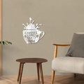Adesivo murale a specchio in acrilico argento con tazza di caffè e frase per sala da pranzo - Argento
