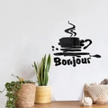 3D acrylic wall decal featuring a coffee cup and Bonjour text for kitchen decor - Black
