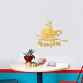Detail of golden mirror acrylic wall sticker featuring a coffee cup and Bonjour text - Gold