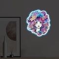 Sticker mural lumineux fille aux cheveux de fleurs avec éclat néon bleu pour chambre - Style Fille De Rêve Anime (PH-YG101)