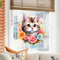 Cartoon kitten in floral wreath wall sticker displayed on a bright living room window - Cute Cat (PH-QT641)