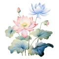 Détail de stickers muraux lotus aquarelle avec fleurs roses et bleues pour déco maison - Lotus Style C (PH-QT618C)