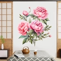 Elegante muurstickers met roze pioenrozen en groene bladeren voor slaapkamer decoratie - Pioen Bloemen Stijl (PH-QT631B)