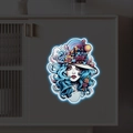 Adesivo murale luminoso con profilo di donna floreale, capelli ricci blu ed effetto neon - Stile Ragazza Con Cappello Floreale (PH-YG098)