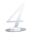 Macro side view of silver acrylic mirror table number 4 with oval base for weddings - Silver Number 4 (BT070)