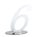 Close-up of transparent acrylic wedding table number 6 with reflective circular base - Silver Number 6 (BT070)