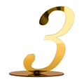 Detailaufnahme der goldenen Tischnummer 3 aus Acryl mit rundem Standfuß für Hochzeiten - Gold Numerisch (Drei)
