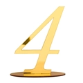 Nahaufnahme der goldenen Tischnummer 4 aus Acryl mit rundem Sockel für Hochzeiten - Gold Numerisch (Vier)