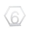 Macro shot of hexagonal silver acrylic mirror table number 6 with stable base - Silver Number 6 (BT060)