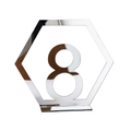 Macro shot of silver acrylic mirror table number 8 in a hexagon frame for weddings - Silver Number 8 (BT060)