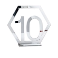 Close-up of hexagonal silver acrylic mirror table number 10 with stand for weddings - Silver Number 10 (BT060)