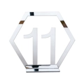 Macro detail of silver mirror acrylic hexagon table number eleven with support base - Silver Number 11 (BT060)