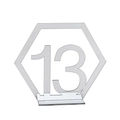 Detailed macro view of silver mirror acrylic hexagon wedding table number thirteen with stand - Silver Number 13 (BT060)