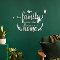 Silver mirror acrylic wall stickers with Family quote decor on dark green living room wall - Silver