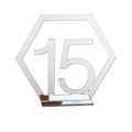 Macro view of silver acrylic hexagon table number fifteen with reflective mirror finish - Silver Number 15 (BT060)