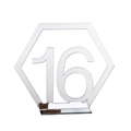 Close-up of silver hexagon mirror acrylic table number 16 with a rectangular base - Silver Number 16 (BT060)