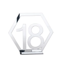 Close-up of hexagonal silver acrylic table number 18 with mirror finish and stable base - Silver Number 18 (BT060)
