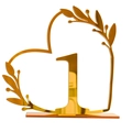 Golden mirror acrylic heart-shaped wedding table number 1 with leaf branch design - Gold Number 1 (BT090)