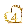 Golden acrylic table number 4 with heart frame and leaf accents for weddings - Gold Number 4 (BT090)