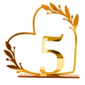 Gold mirror acrylic heart-shaped wedding table number 5 with elegant leaf accents - Gold Number 5 (BT090)