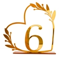 Golden mirror acrylic table number 6 with hollow heart design and elegant leaf motifs - Gold Number 6 (BT090)