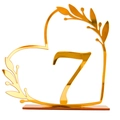 Golden acrylic mirror table number 7 with heart and leaf vine design for weddings - Gold Number 7 (BT090)