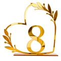 Golden heart-shaped acrylic wedding table number 8 with elegant leaf pattern mirror finish - Gold Number 8 (BT090)