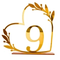 Golden acrylic heart-shaped table number 9 with leaf accents and stable base for weddings - Gold Number 9 (BT090)