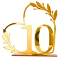 Golden mirror acrylic heart table number 10 with elegant olive leaf and stable base - Gold Number 10 (BT090)