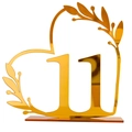 Gold mirror acrylic heart-shaped table number 11 with elegant olive branch detail - Gold Number 11 (BT090)
