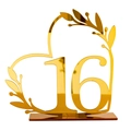Golden mirror acrylic table number 16 with heart and leaf frame for wedding decor - Gold Number 16 (BT090)
