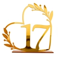 Golden mirror acrylic heart-shaped table number 17 with elegant leaf patterns - Gold Number 17 (BT090)