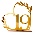 Golden acrylic table number 19 with heart and leaf mirror finish for wedding events - Gold Number 19 (BT090)