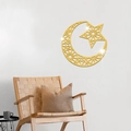 Detailed close-up of golden acrylic moon and star wall decor with intricate hollow patterns - Gold