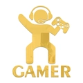 Close-up of golden mirror acrylic wall sticker featuring a gamer silhouette and gamepad - Gold