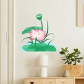 Dettaglio dell'adesivo murale con fiore di loto rosa e foglie verdi in camera da letto - Stile Loto Rosa con Baccello (PH-QT9012B)