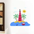Detail of nautical wall decals with red lighthouse and palm trees in a kids bedroom - Seaside Holiday (PH_QTA5)
