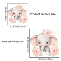 Pegatina de pared con elefante y flores rosas muestra tamaño de producto y efecto final - Elefante Blanco (PH_QT9648)