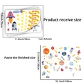 Detailed size specifications for a 4-sheet watercolor space-themed wall sticker set - Space Exploration Theme Watercolor Style (YG-MF004) / Blue Luminous