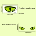 Detailed size guide for green luminous vinyl eye stickers showing package and display dimensions - Luminous Eyes (YG_A282)