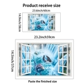 Detailed dimensions of 3D waterfall window wall sticker showing receive and finished sizes - PH-QTB36 Dolphin