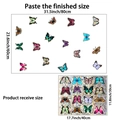 Tabla de tallas de pegatinas de mariposas iridiscentes mostrando dimensiones finales de uso - Patrón de Mariposa (JTD_C31)