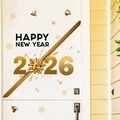 Golden 2026 Happy New Year door sticker decoration with festive bells and snowflakes - 2026 New Year Gold Bow Bell (PH-QTC231)