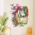 3D Mediterraner Wandaufkleber mit Fensterbogen, rosa Blumen und malerischer Landschaft - Mediterraner Landschaft Torbogen Stil (PH_QTB81)