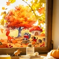 Harvest festive window decals with maple trees and hedgehogs for Thanksgiving decoration - Autumn Forest Theme (JDT-A136)