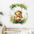 Aquarell Löwe auf Schaukel Wandtattoo für Kinderzimmer mit Blumenmotiven Dekor - Cartoon Löwe Schaukel Stil (PH_QTB85)