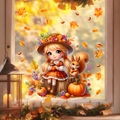 Herbstliche Fensteraufkleber mit Mädchen Eichhörnchen und Kürbis auf Glasscheiben - Cartoon-Fee (JDT-A201)