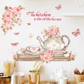 Küchenwandaufkleber mit Rosen, Schmetterlingen und Teekannen für ein elegantes Zuhause - Vintage Pastoraler Teekanne Floral Stil (PH_QTB146)
