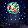 Glow-in-the-dark cartoon rabbit wreath and mini tree wall stickers in dark room setting - Rabbit in Wreath - Blue Luminous (YG_B074 Blue)